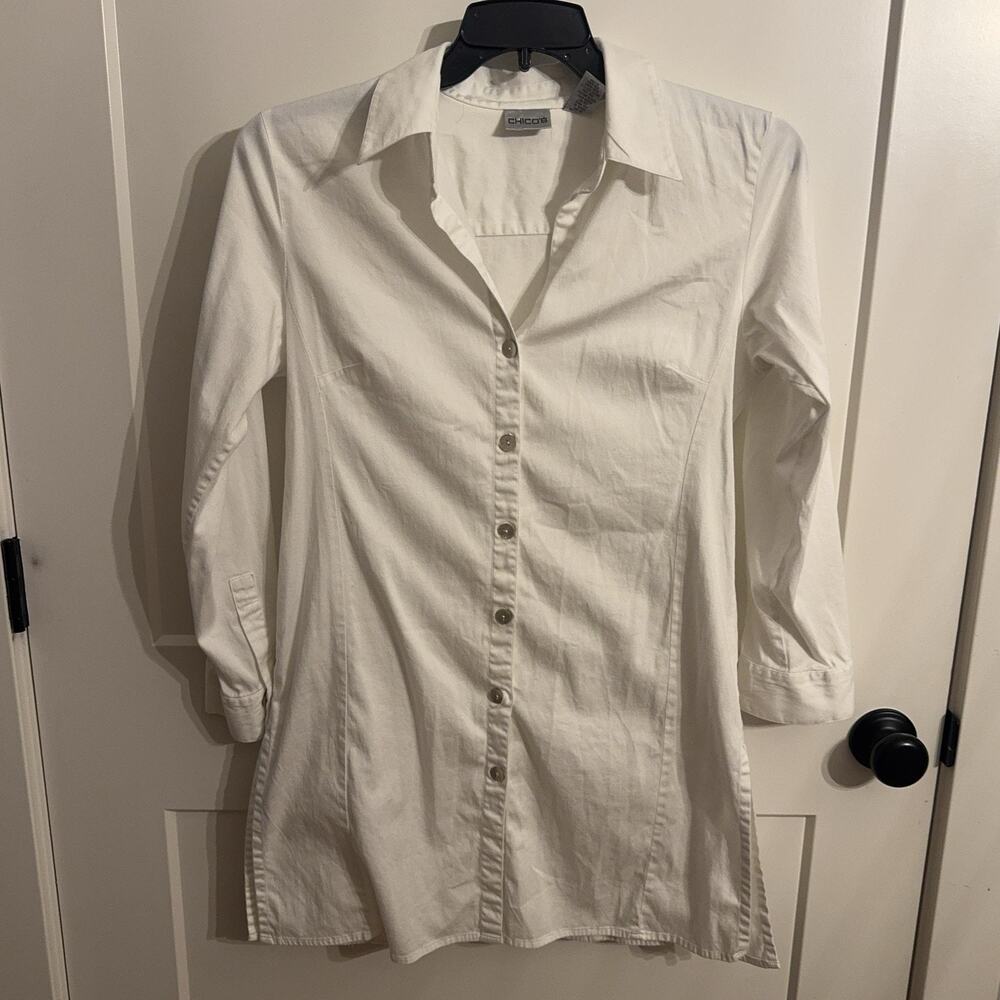 Chico's Tunic Shirt Sz 1 White Cotton Stretch Button Front Long Sleeve Top